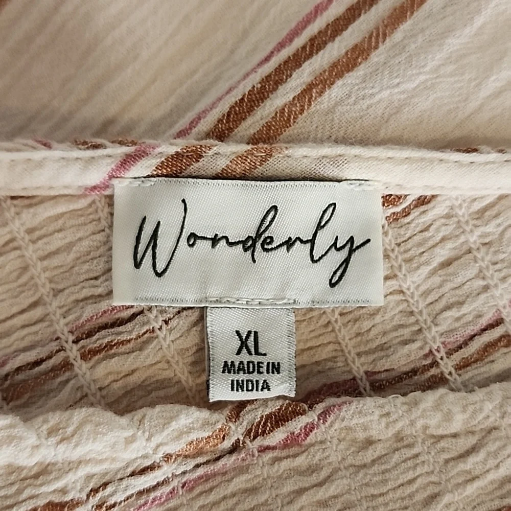 Wonderly Dress Cotton Striped Midi Smocked Bodice & Back Tie Neck Cream Size XL - Picture 10 of 14